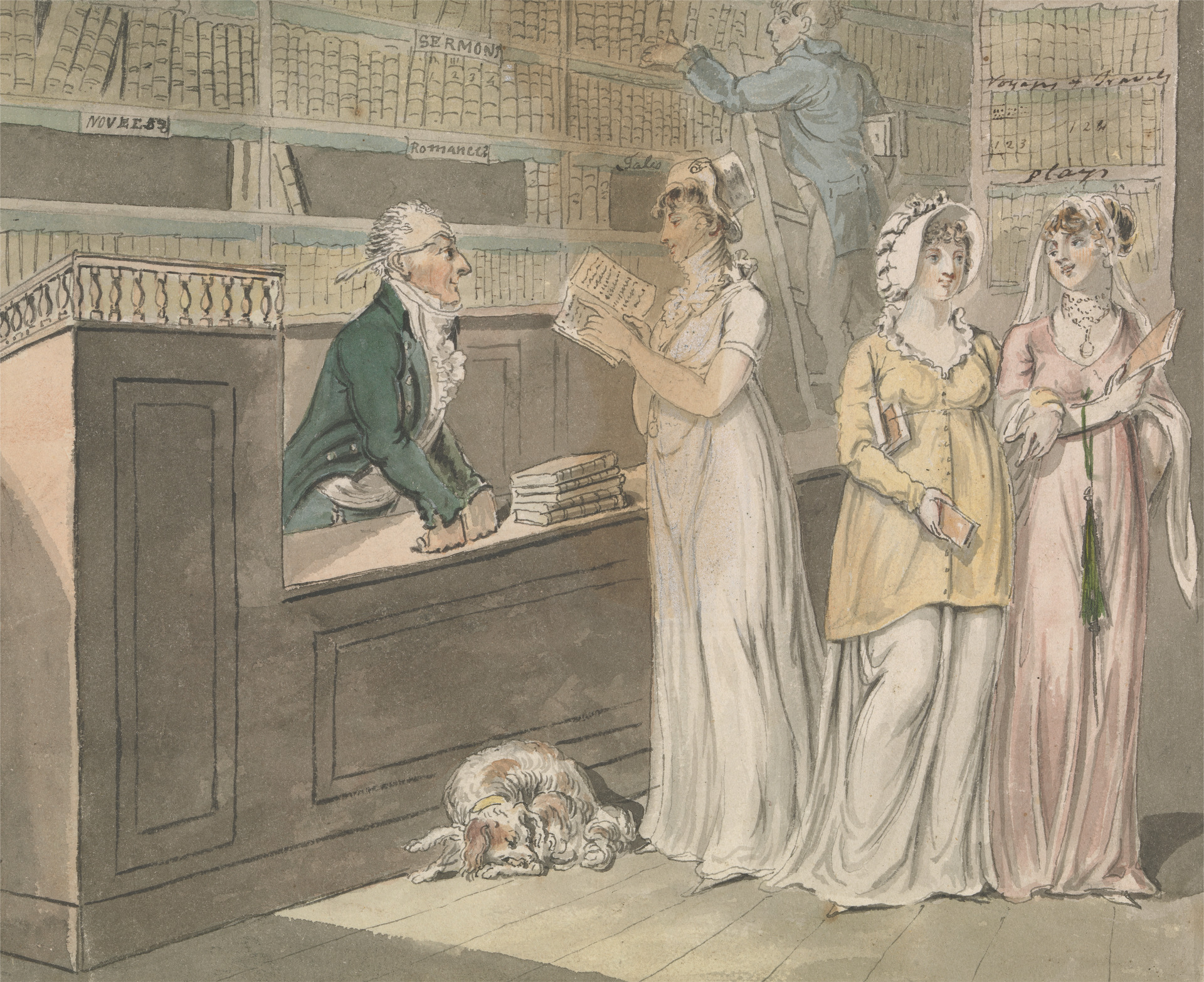 Ladies select books at a circulating library.
