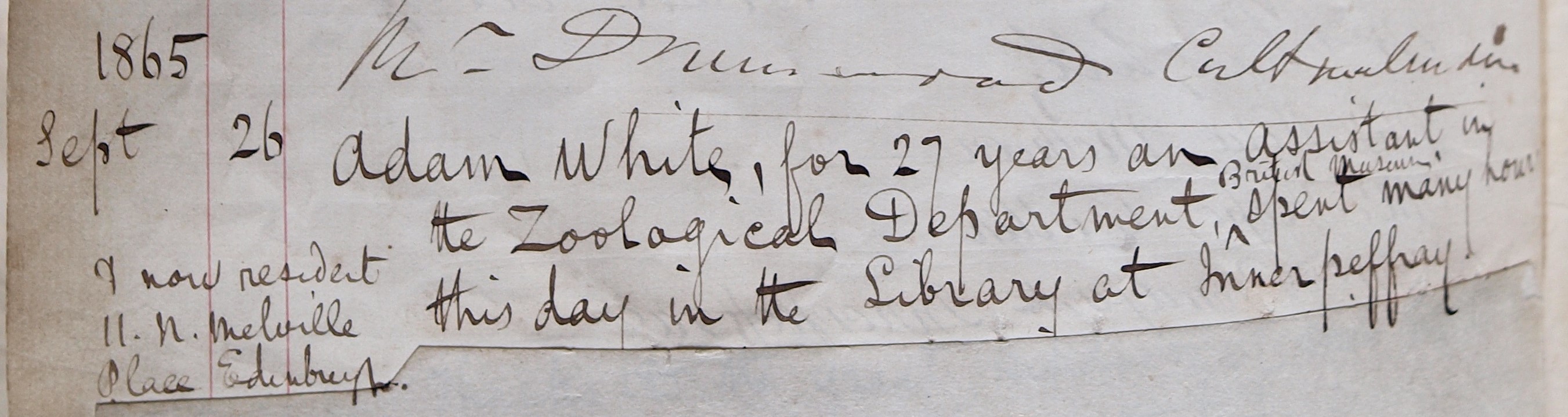 Adam White, September 1865, Innerpeffray Library Visitors Book volume 1, f.10v