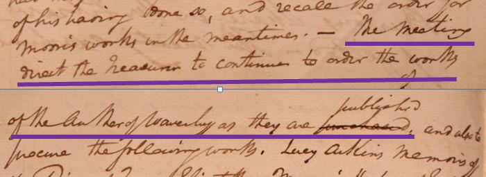 Detail from Wigton Library's minute book requesting the treasure to acquire the works of the author of Waverley.