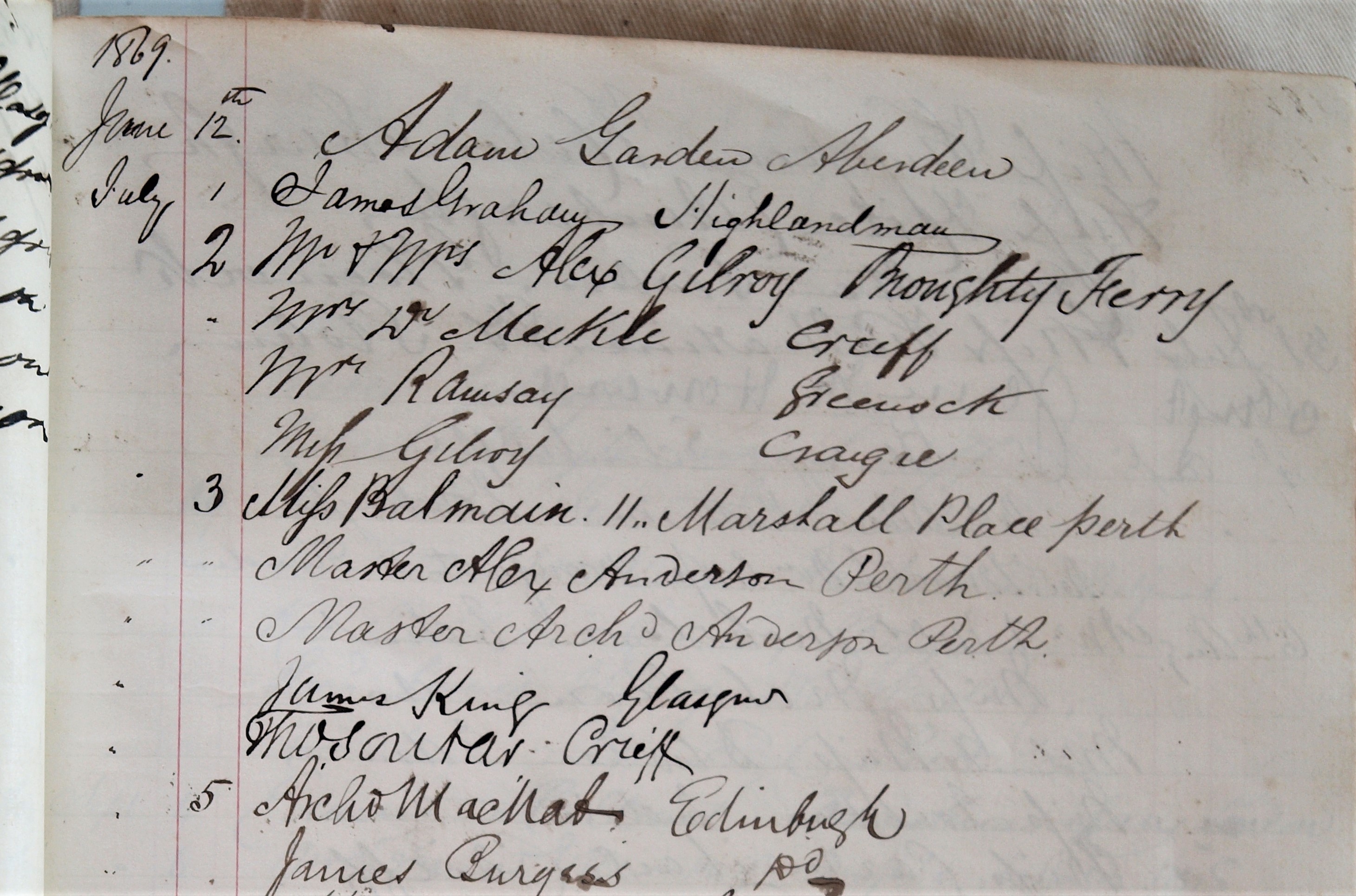 Innerpeffray Library Visitor Book Volume 1, f.15r, showing visitors in June and July 1869