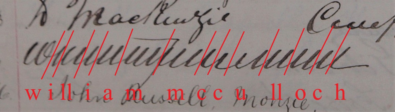 Innerpeffray Library Visitor Book Volume 1, f.40v, annotated to mark separate minims and show the name William McCulloch.