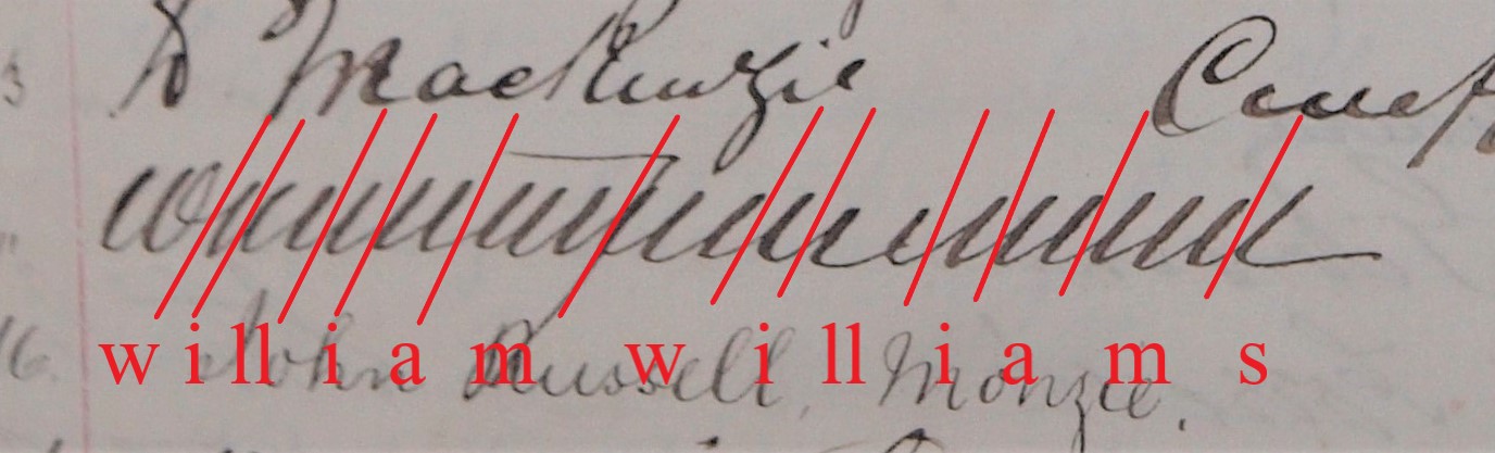 Innerpeffray Library Visitor Book Volume 1, f.40v, annotated to mark separate minims and show the name William Williams.