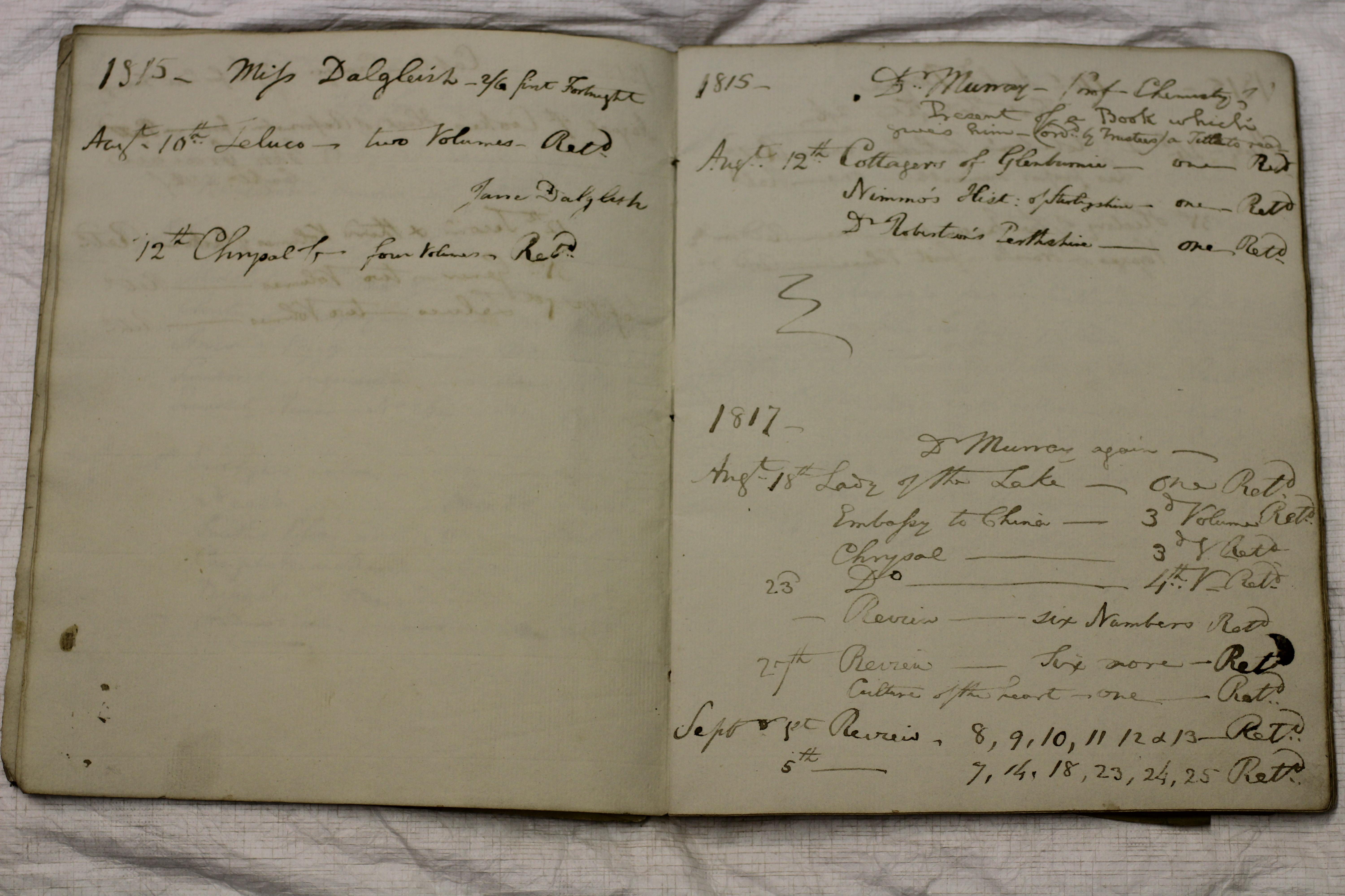 Leighton Library Water Drinkers’ Register, pp.5-6, showing Miss Dalgleish’s borrowing of Zeluco, and Dr Murray’s of The Cottagers of Glenburnie, both in 1815