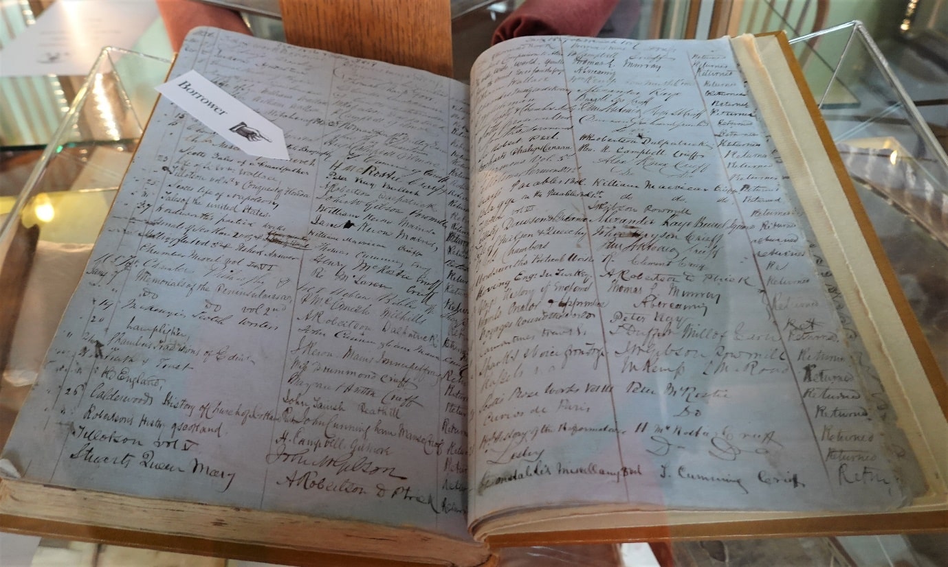 One of Innerpeffray Library’s Borrowing Registers, displaying the first ever borrowing of a Walter Scott book from Innerpeffray, ‘Tales of a Grandfather’, taken out by Peter Kay in 1856.