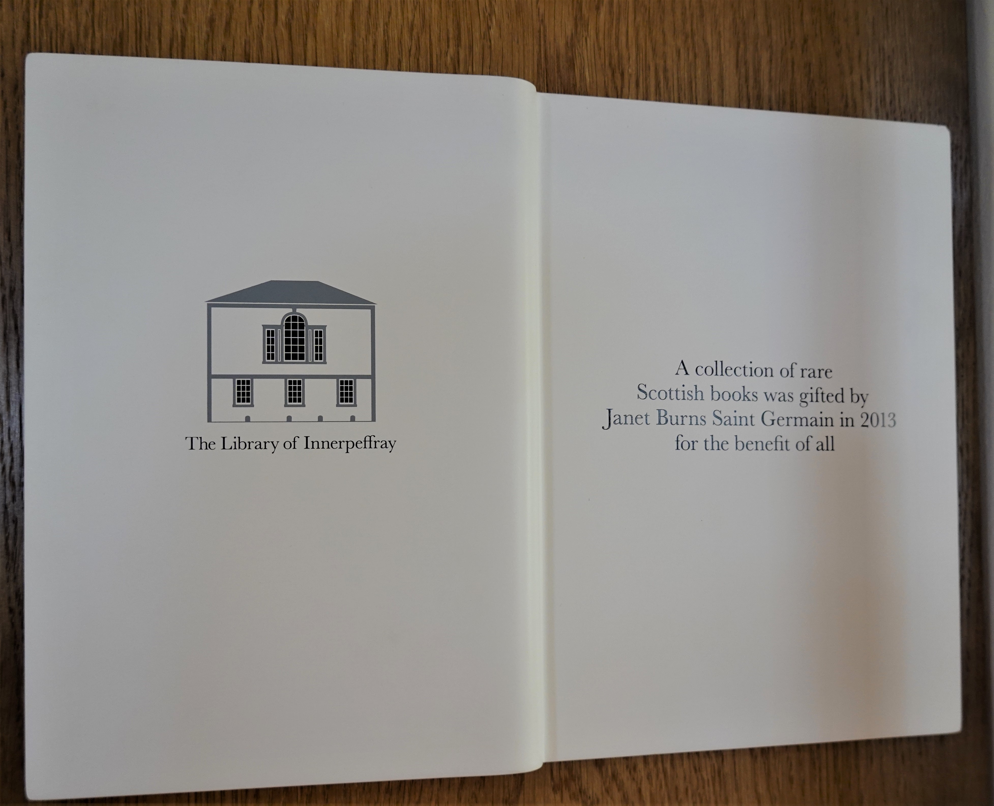 Plaque in Innerpeffray Library commemorating the sizeable donation of rare books to the library by Janet Burns Saint Germain