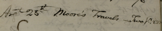 Water Drinkers' borrowers' register entry showing 'Moore's travels'