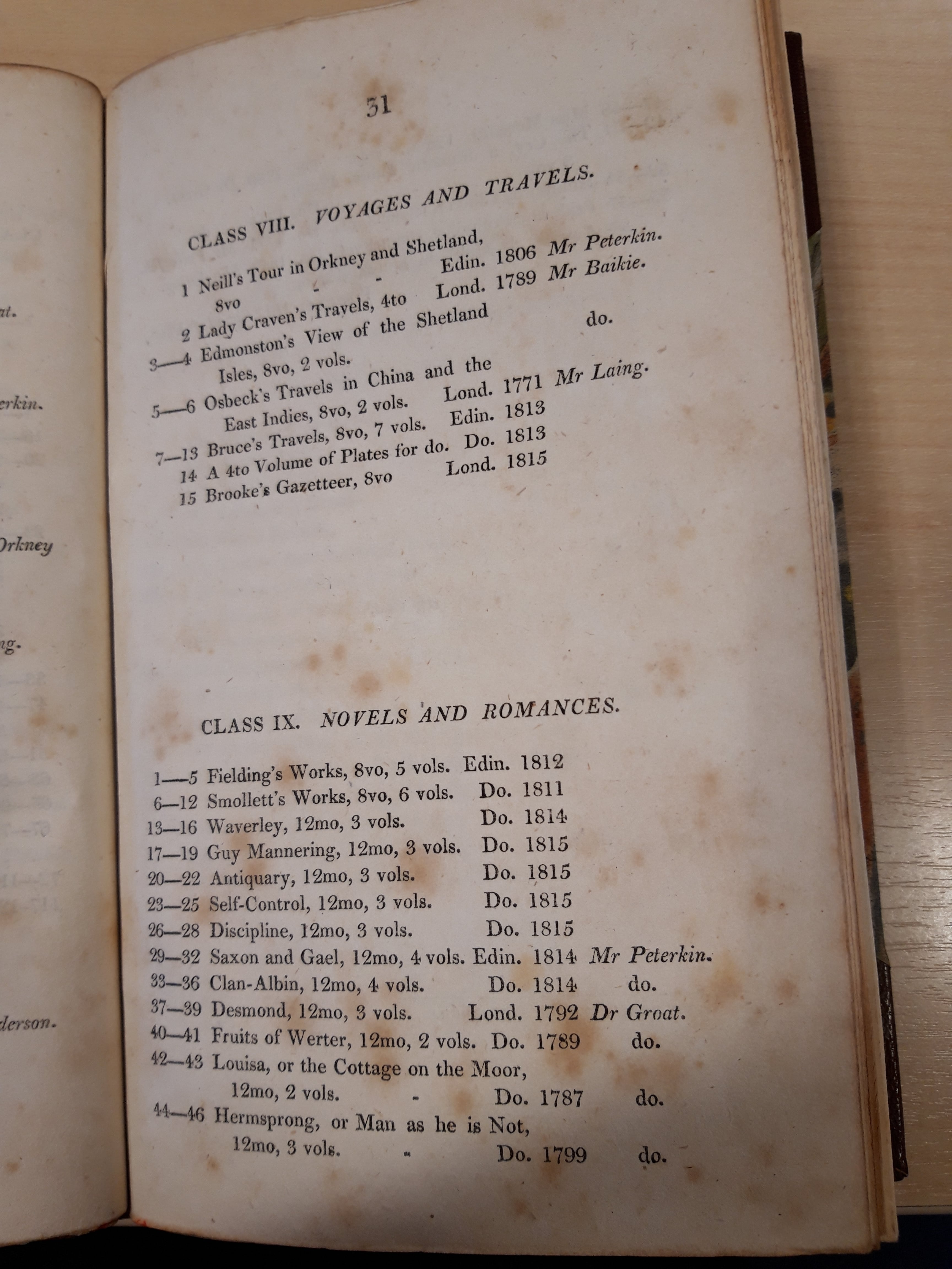Page showing Brunton’s works in the Kirkwall 1816 catalogue