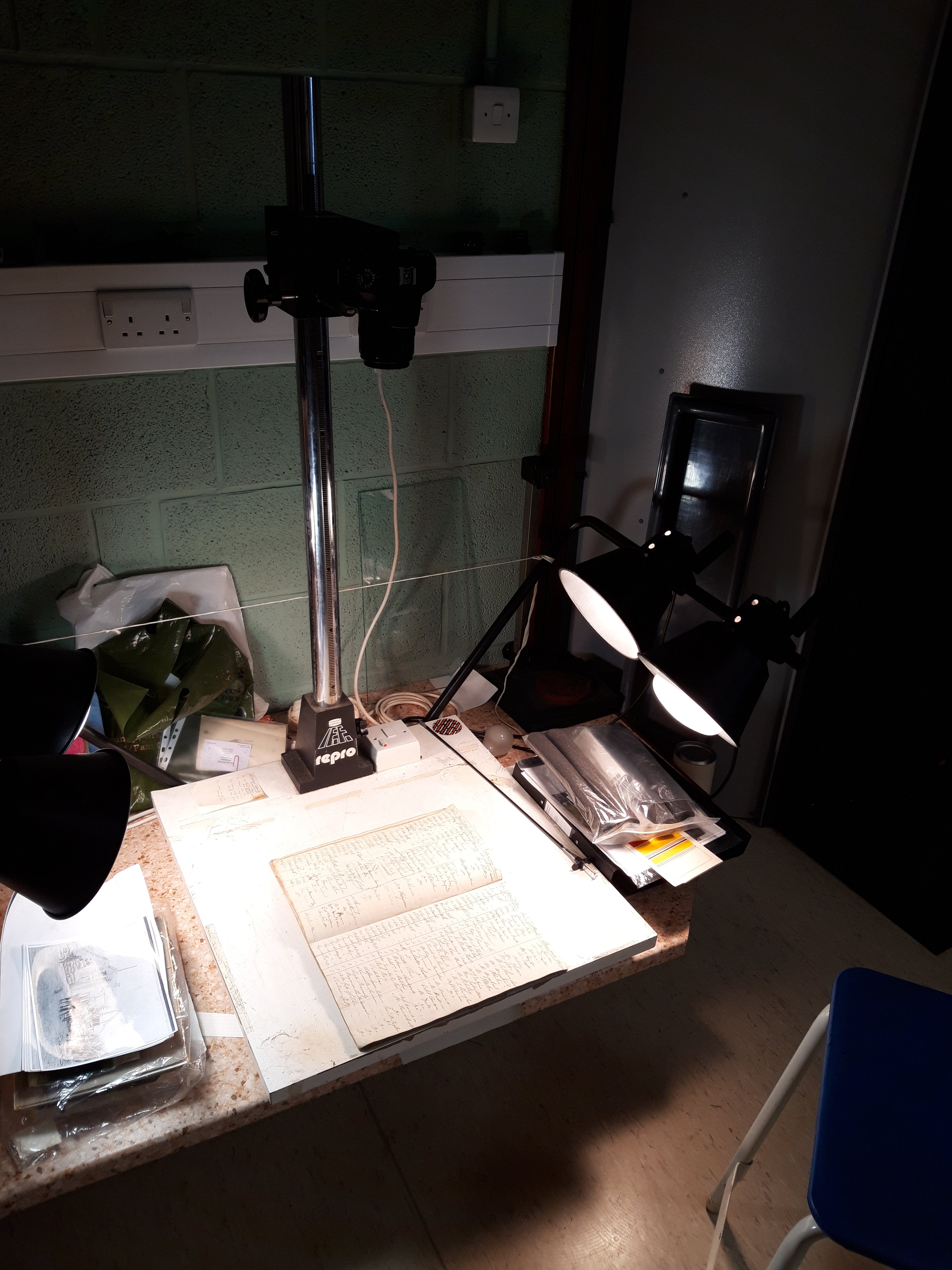 Photo showing the technical set up used to photograh the Orkney borrowers' registers