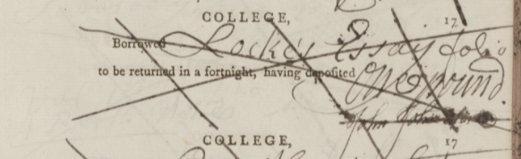 Edinburgh borrowing register entry showing John Johnson borrowing 'Locke's essay folio@